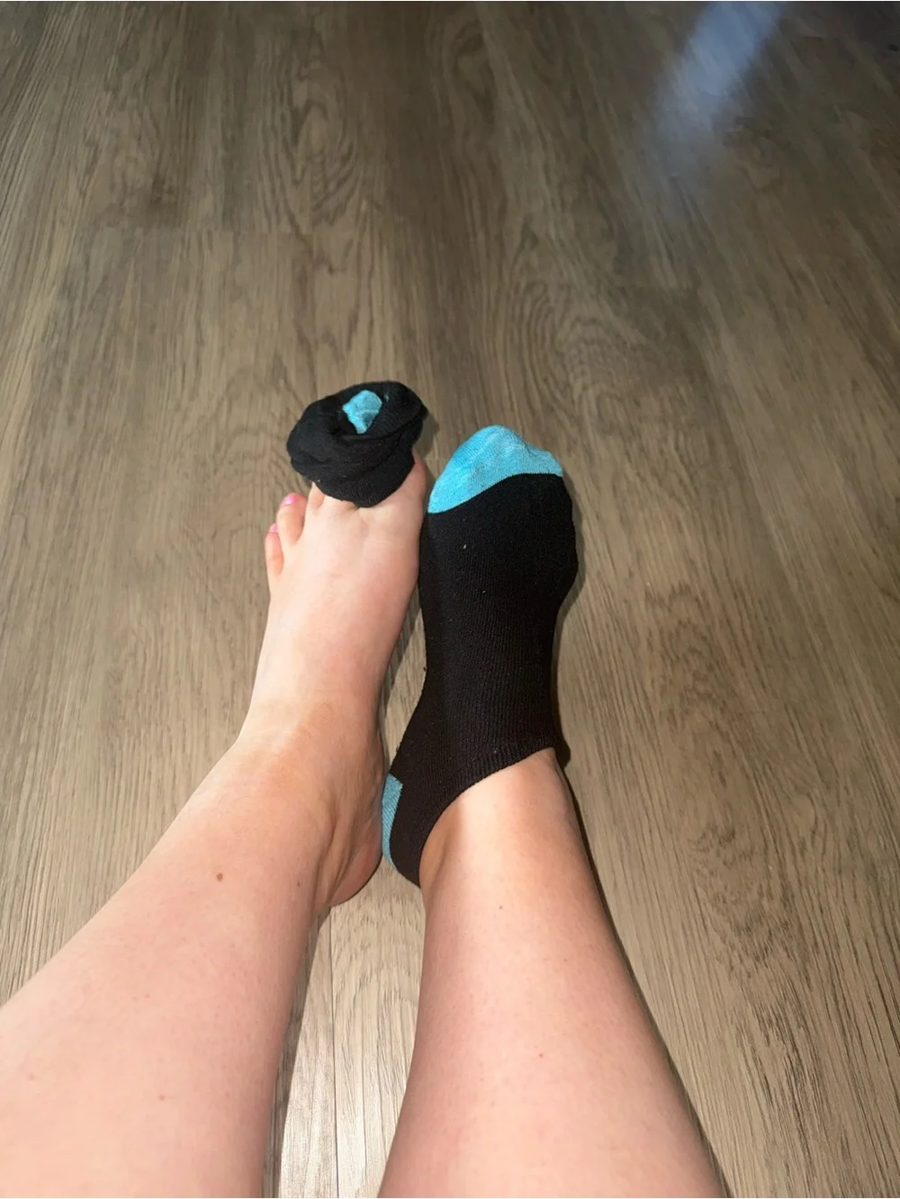 Women's WORN USED Low-Cut Black Ankle‎ Socks with Light Blue Accents